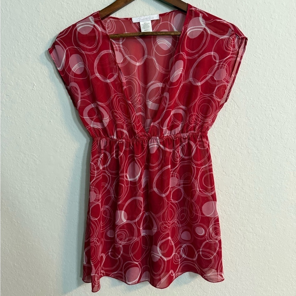 Vintage Y2K Charlotte Russe Red Sheer Blouse with Circle Design
